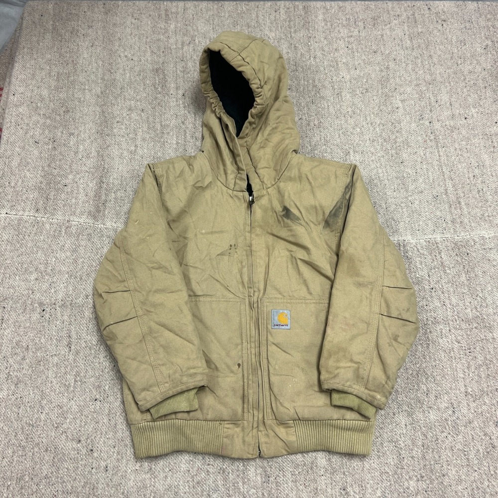 Carhartt Hooded Jacket Boys Small Beige Outdoors Full Zip